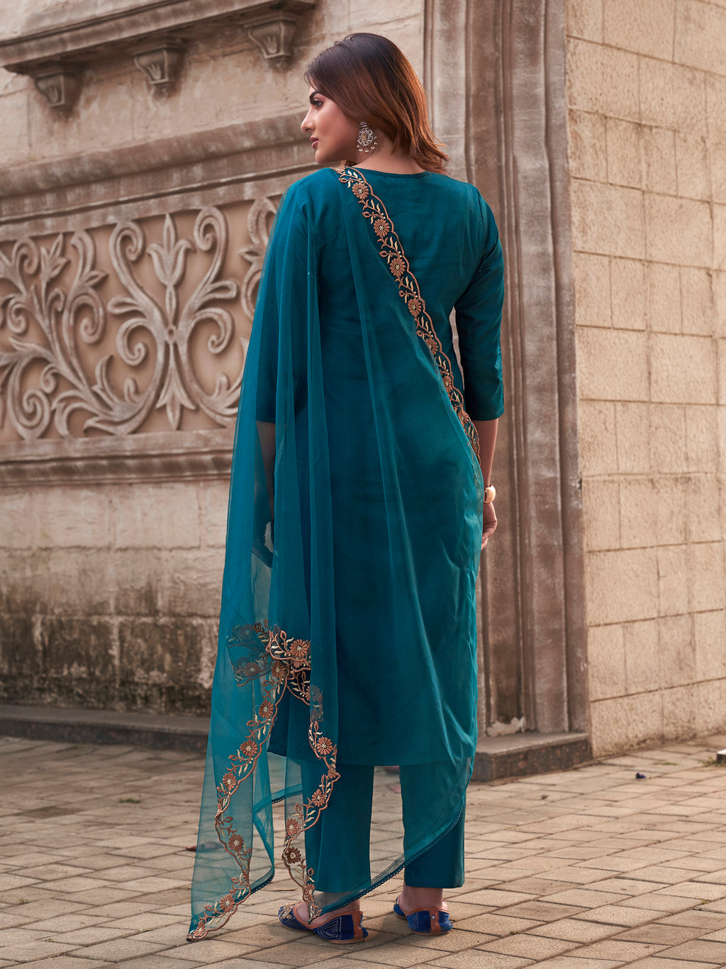 Teal Cotton Blend With Brown Tone Placement Embroidery Keyhole Kurta Set