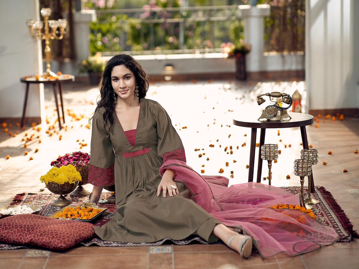 Brown Silk Blend Flared Kurta Set With Coral Patch & Sleeve Embroidery