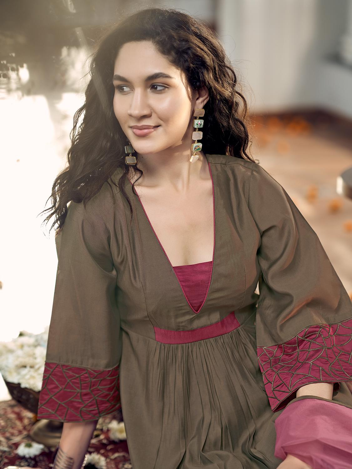 Brown Silk Blend Flared Kurta Set With Coral Patch & Sleeve Embroidery