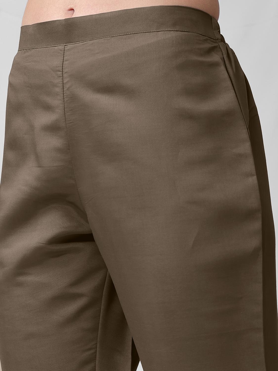 Brown Silk Blend Flared Kurta Set With Coral Patch & Sleeve Embroidery