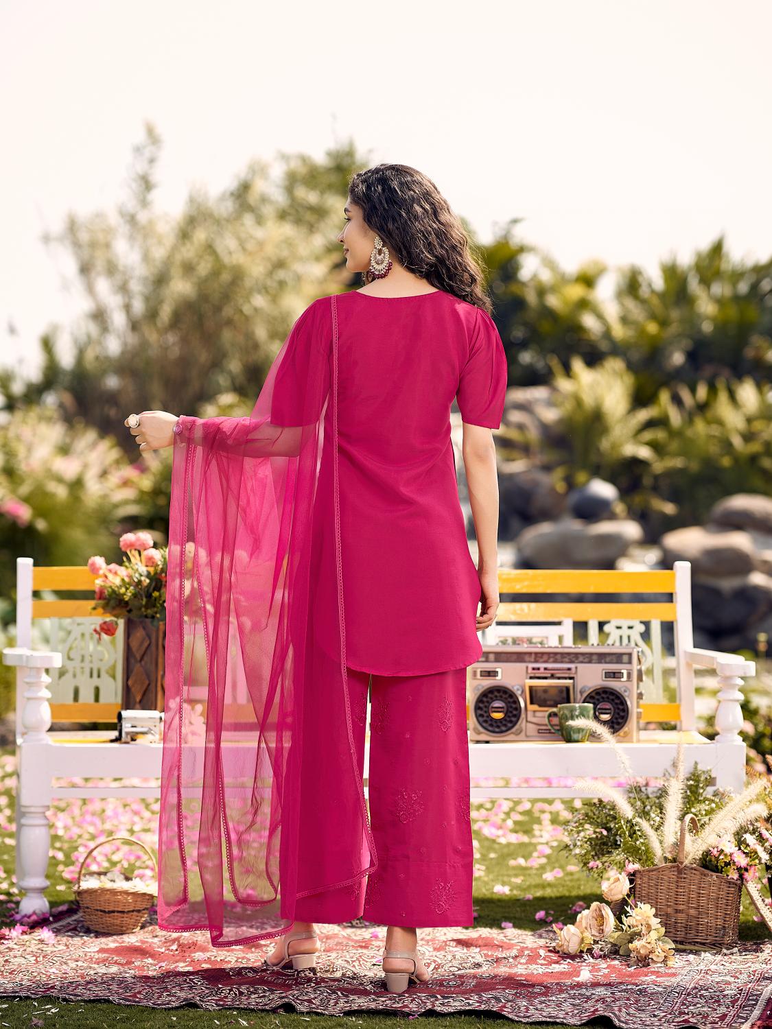 Rani Pink Apple Cut Short Silk Blend Kurta Set With Tonal Embroidery