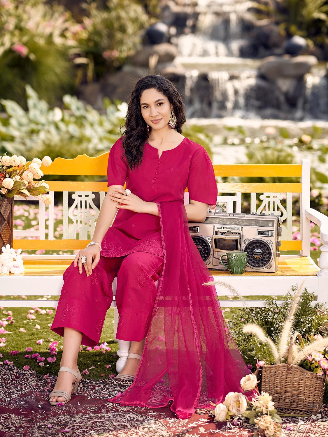 Rani Pink Apple Cut Short Silk Blend Kurta Set With Tonal Embroidery