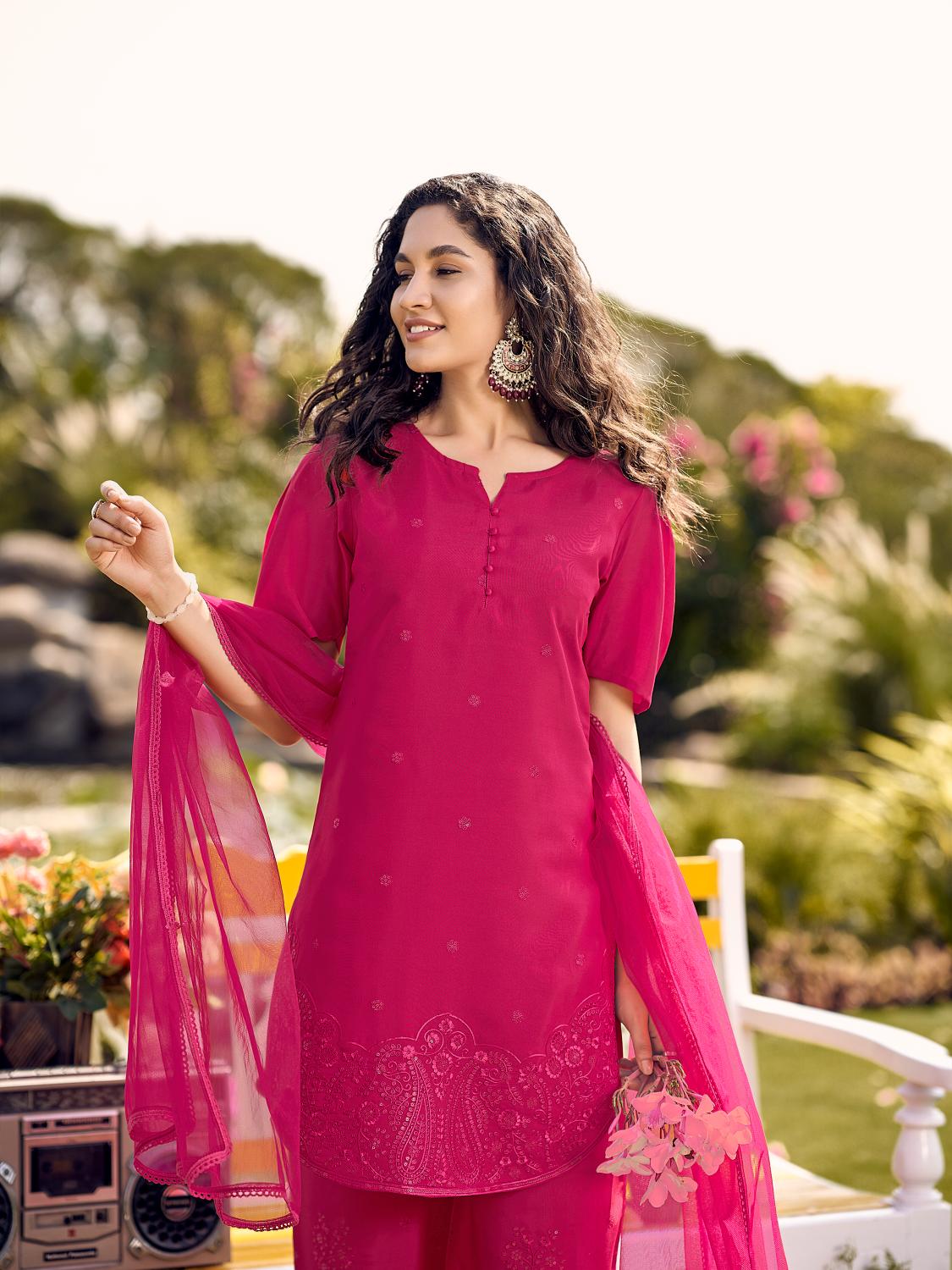 Rani Pink Apple Cut Short Silk Blend Kurta Set With Tonal Embroidery