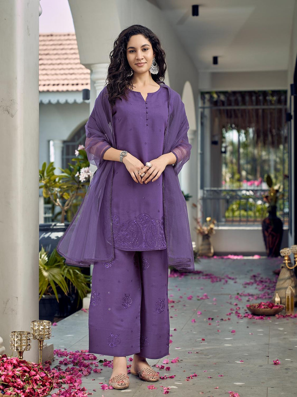 Purple Apple Cut Short Silk Blend Kurta Set With Tonal Embroidery