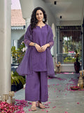Purple Apple Cut Short Silk Blend Kurta Set With Tonal Embroidery