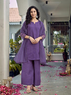 Purple Apple Cut Short Silk Blend Kurta Set With Tonal Embroidery