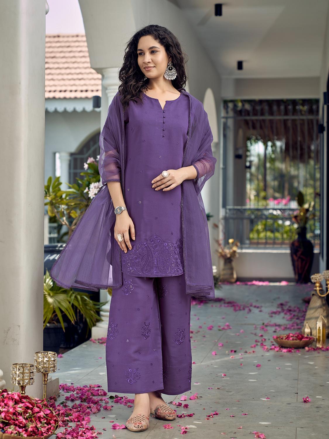 Purple Apple Cut Short Silk Blend Kurta Set With Tonal Embroidery