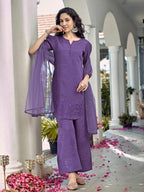 Purple Apple Cut Short Silk Blend Kurta Set With Tonal Embroidery