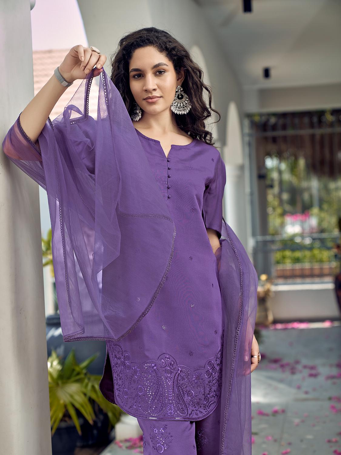 Purple Apple Cut Short Silk Blend Kurta Set With Tonal Embroidery