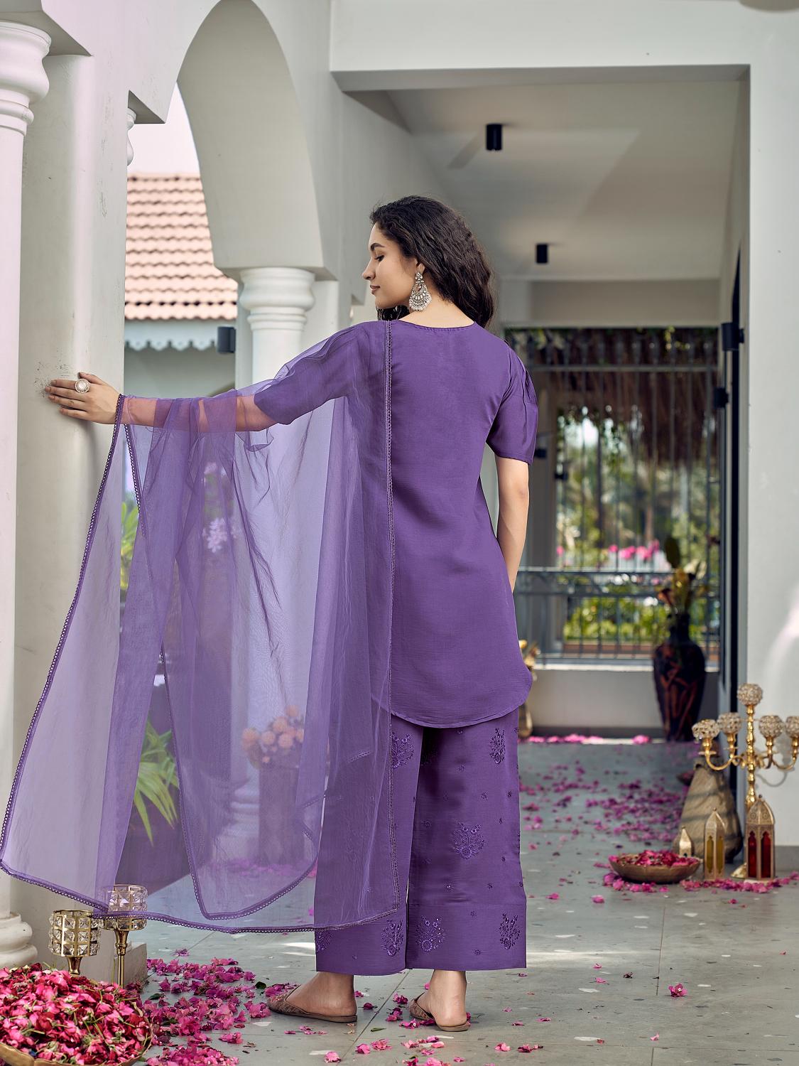 Purple Apple Cut Short Silk Blend Kurta Set With Tonal Embroidery