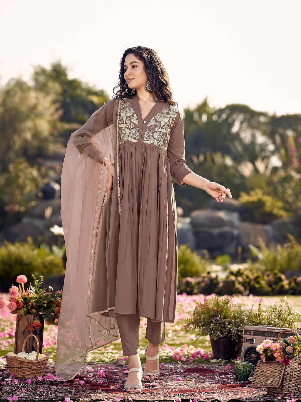 Brown Cotton Gathered Kurta Set With Dupatta & Yoke Embroidery