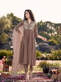 Brown Cotton Gathered Kurta Set With Dupatta & Yoke Embroidery