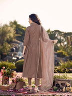 Brown Cotton Gathered Kurta Set With Dupatta & Yoke Embroidery