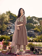 Brown Cotton Gathered Kurta Set With Dupatta & Yoke Embroidery