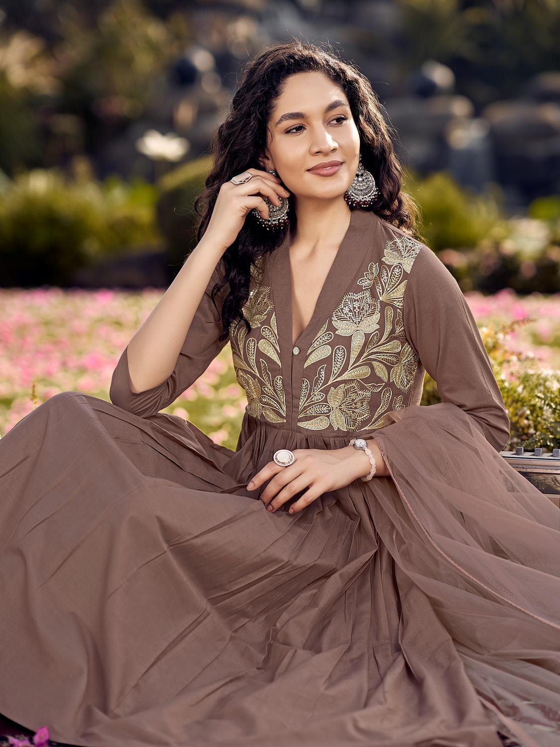 Brown Cotton Gathered Kurta Set With Dupatta & Yoke Embroidery