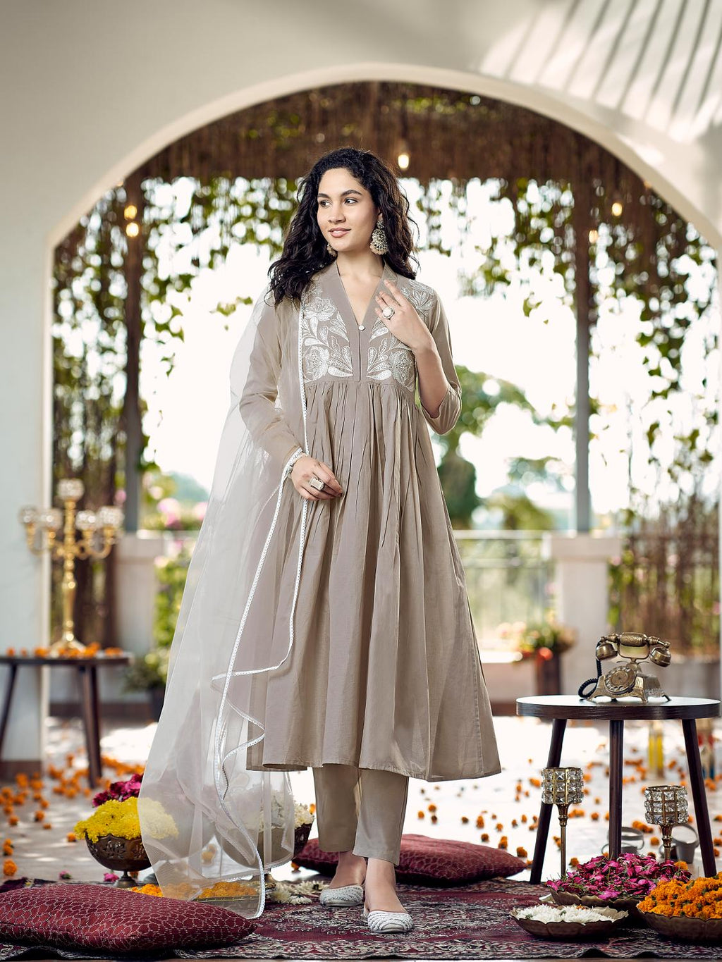 Beige Cotton Gathered Kurta Set With Dupatta & Yoke Embroidery
