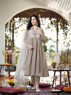 Beige Cotton Gathered Kurta Set With Dupatta & Yoke Embroidery