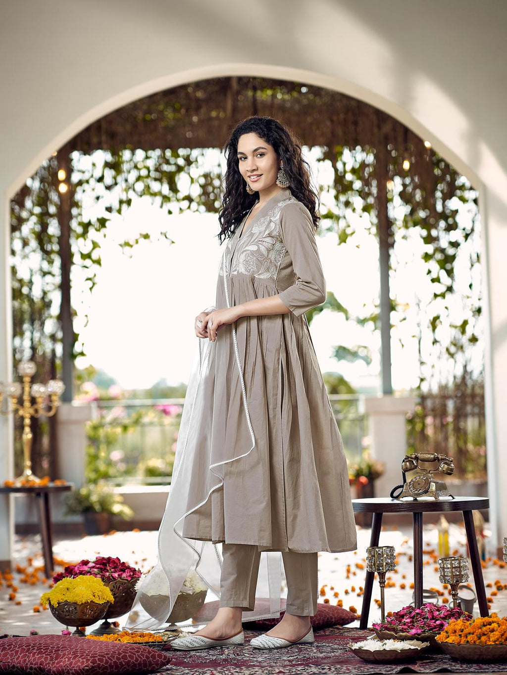 Beige Cotton Gathered Kurta Set With Dupatta & Yoke Embroidery