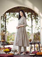 Beige Cotton Gathered Kurta Set With Dupatta & Yoke Embroidery