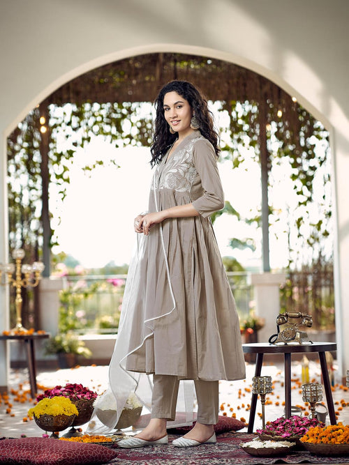 Beige Cotton Gathered Kurta Set With Dupatta & Yoke Embroidery