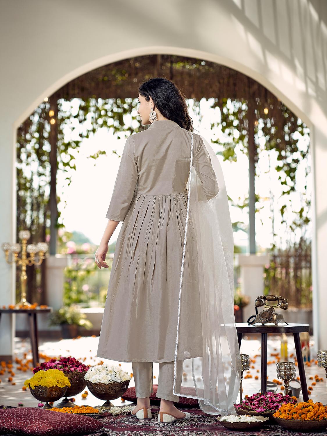 Beige Cotton Gathered Kurta Set With Dupatta & Yoke Embroidery