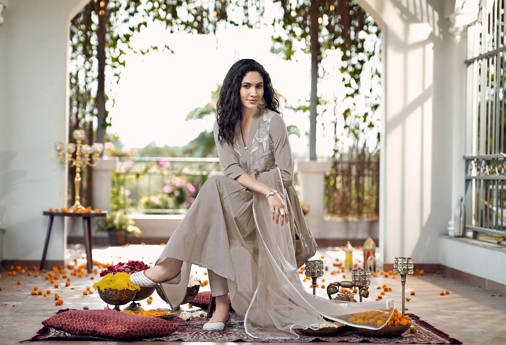 Beige Cotton Gathered Kurta Set With Dupatta & Yoke Embroidery