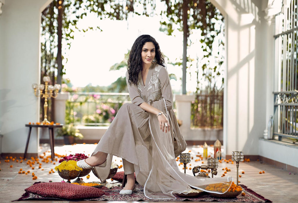 Beige Cotton Gathered Kurta Set With Dupatta & Yoke Embroidery