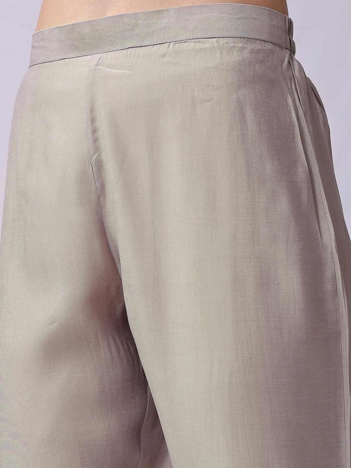 Beige Cotton Gathered Kurta Set With Dupatta & Yoke Embroidery