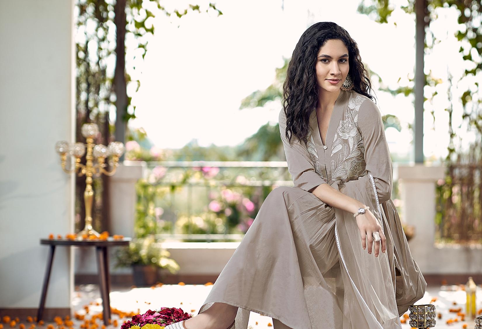 Beige Cotton Gathered Kurta Set With Dupatta & Yoke Embroidery