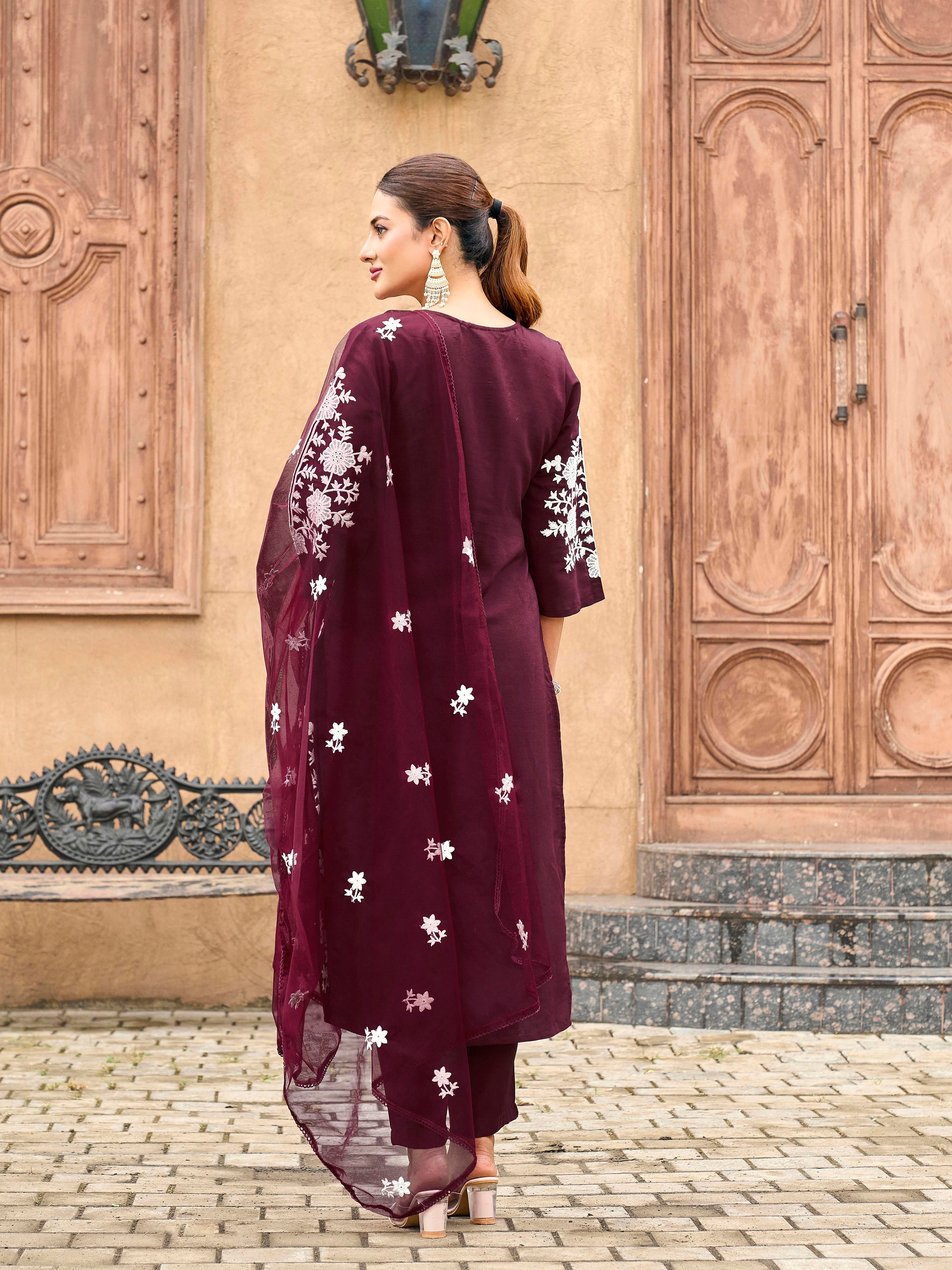 Burgundy color silk blend with off white thread embroidered kurta & trouser with dupatta set