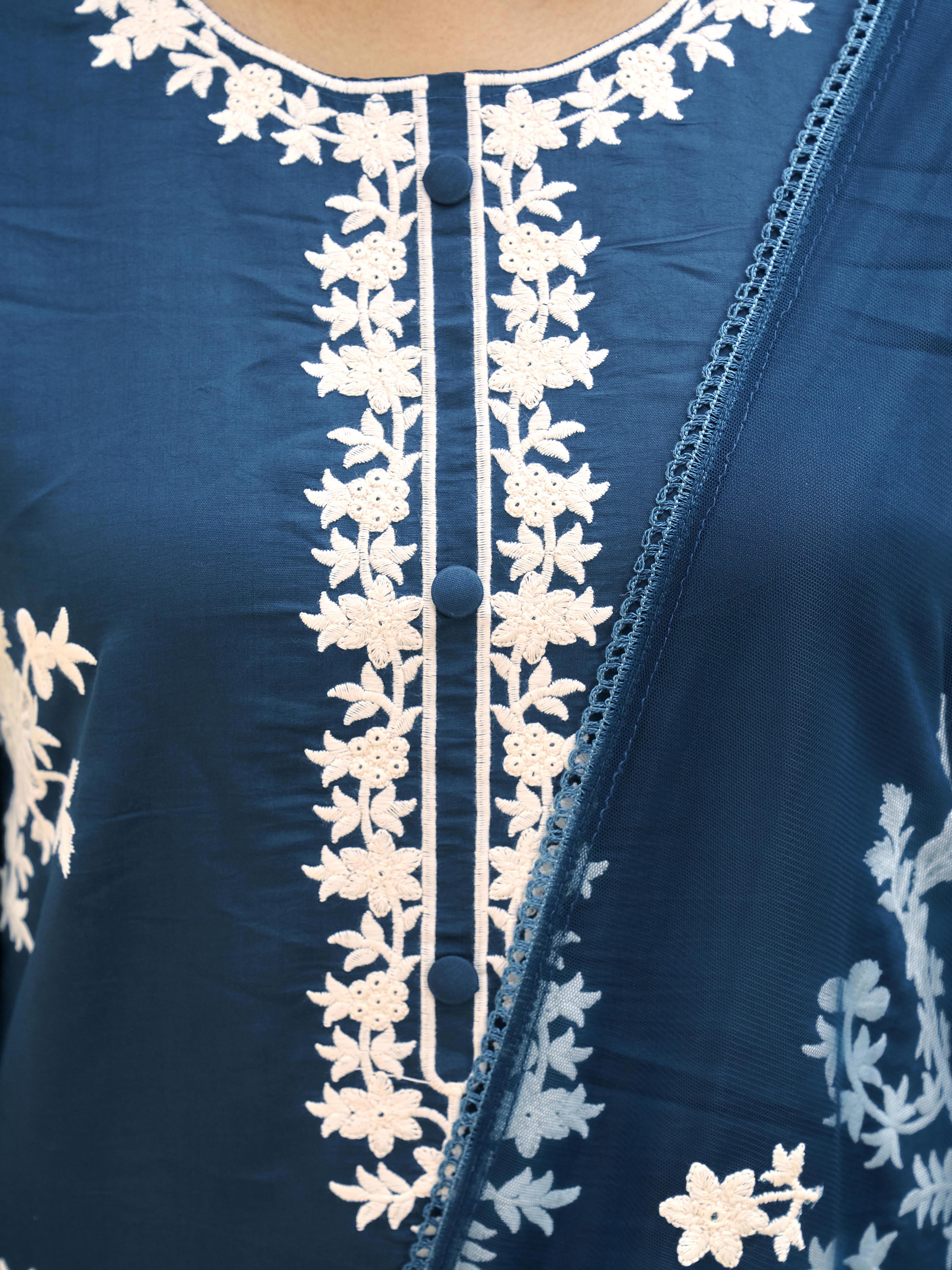 Teal color silk blend with off white thread embroidered kurta & trouser with dupatta set