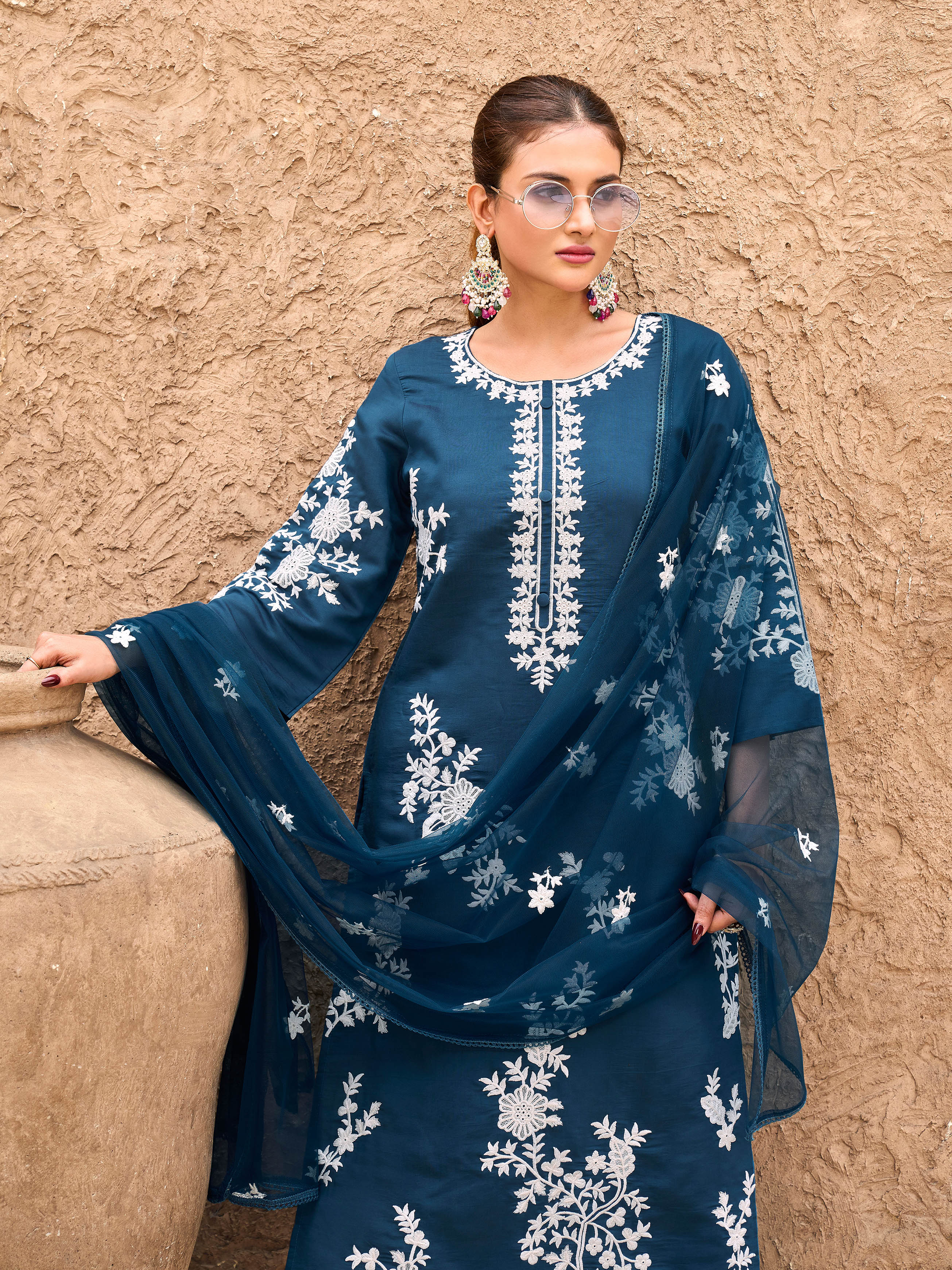 Teal color silk blend with off white thread embroidered kurta & trouser with dupatta set