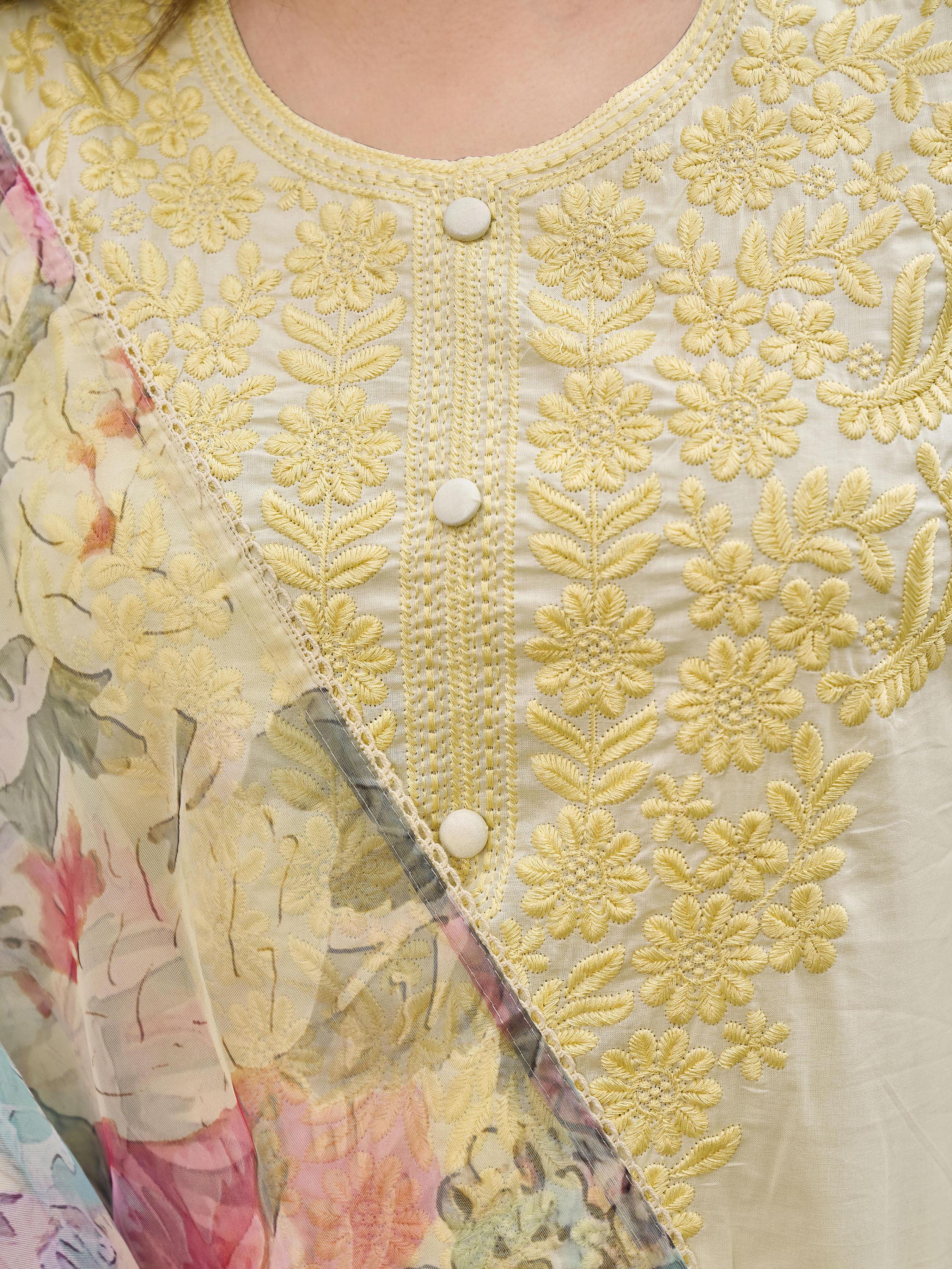 Yellow color pure cotton with thread embroidered kurta & trouser with printed dupatta set