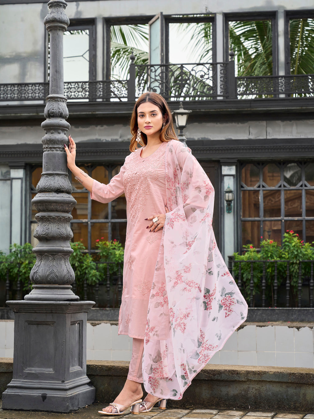 Peach color pure cotton with thread embroidered kurta & trouser with printed dupatta set