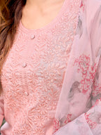 Peach color pure cotton with thread embroidered kurta & trouser with printed dupatta set