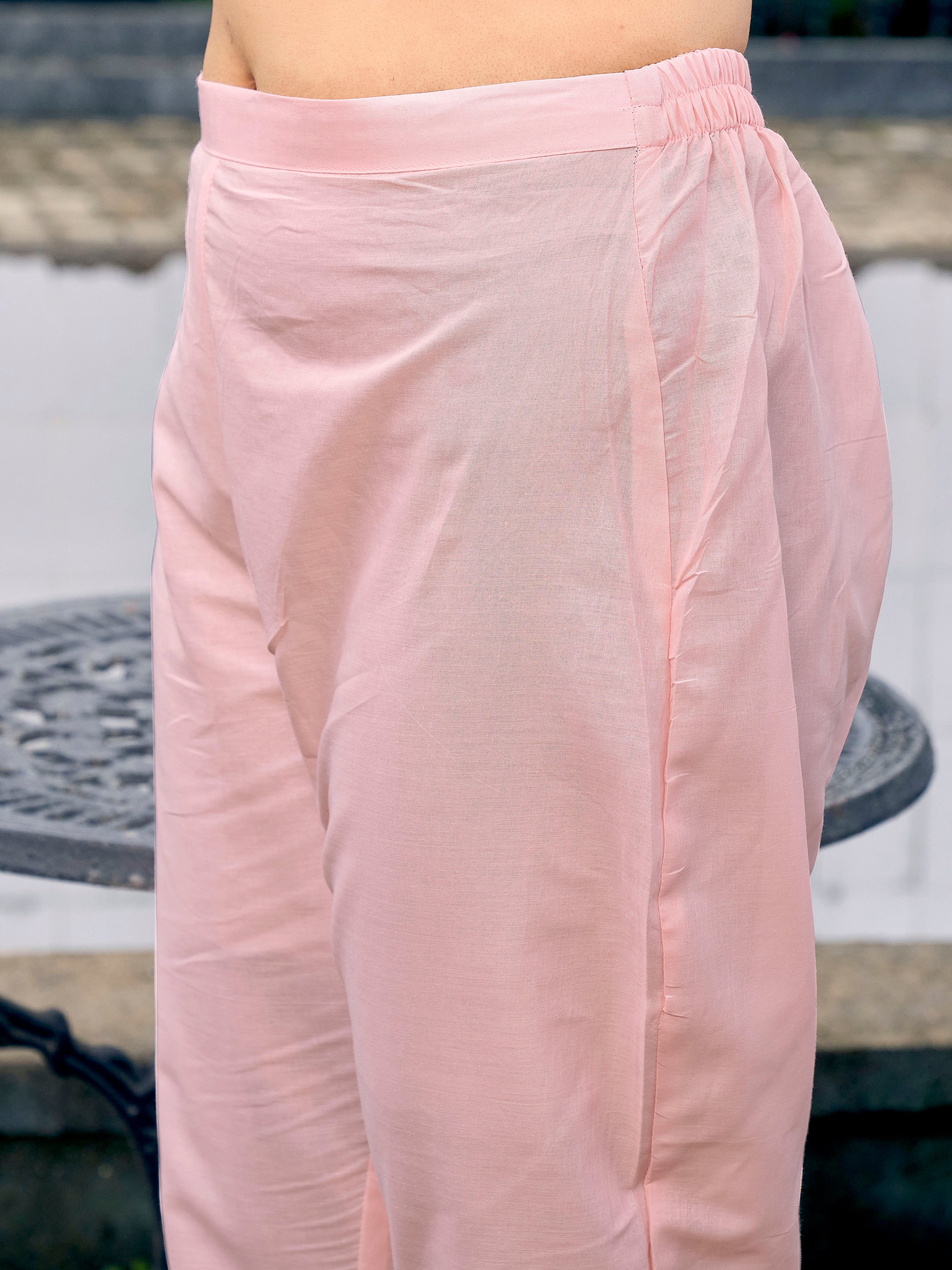 Peach color pure cotton with thread embroidered kurta & trouser with printed dupatta set