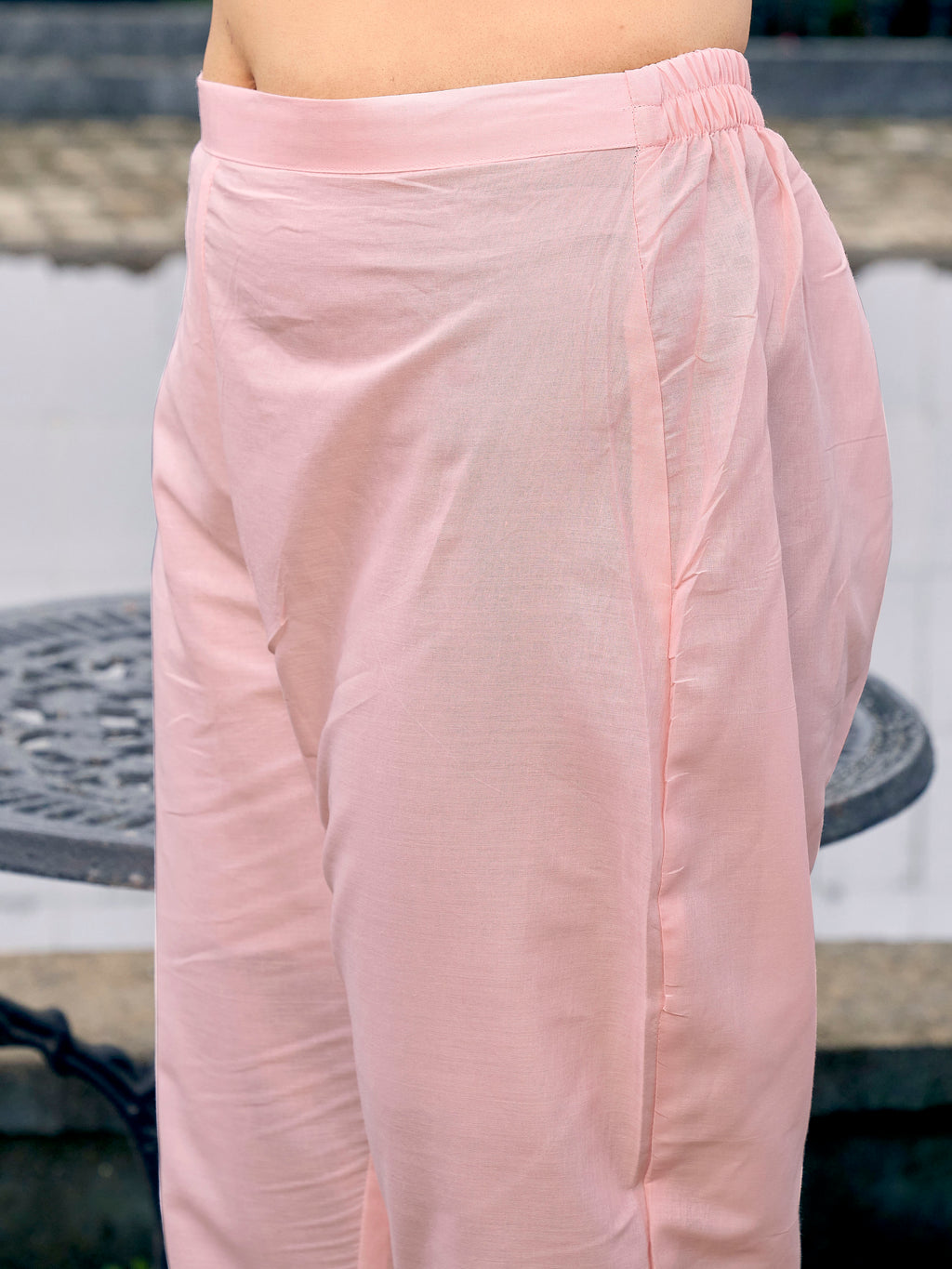 Peach color pure cotton with thread embroidered kurta & trouser with printed dupatta set