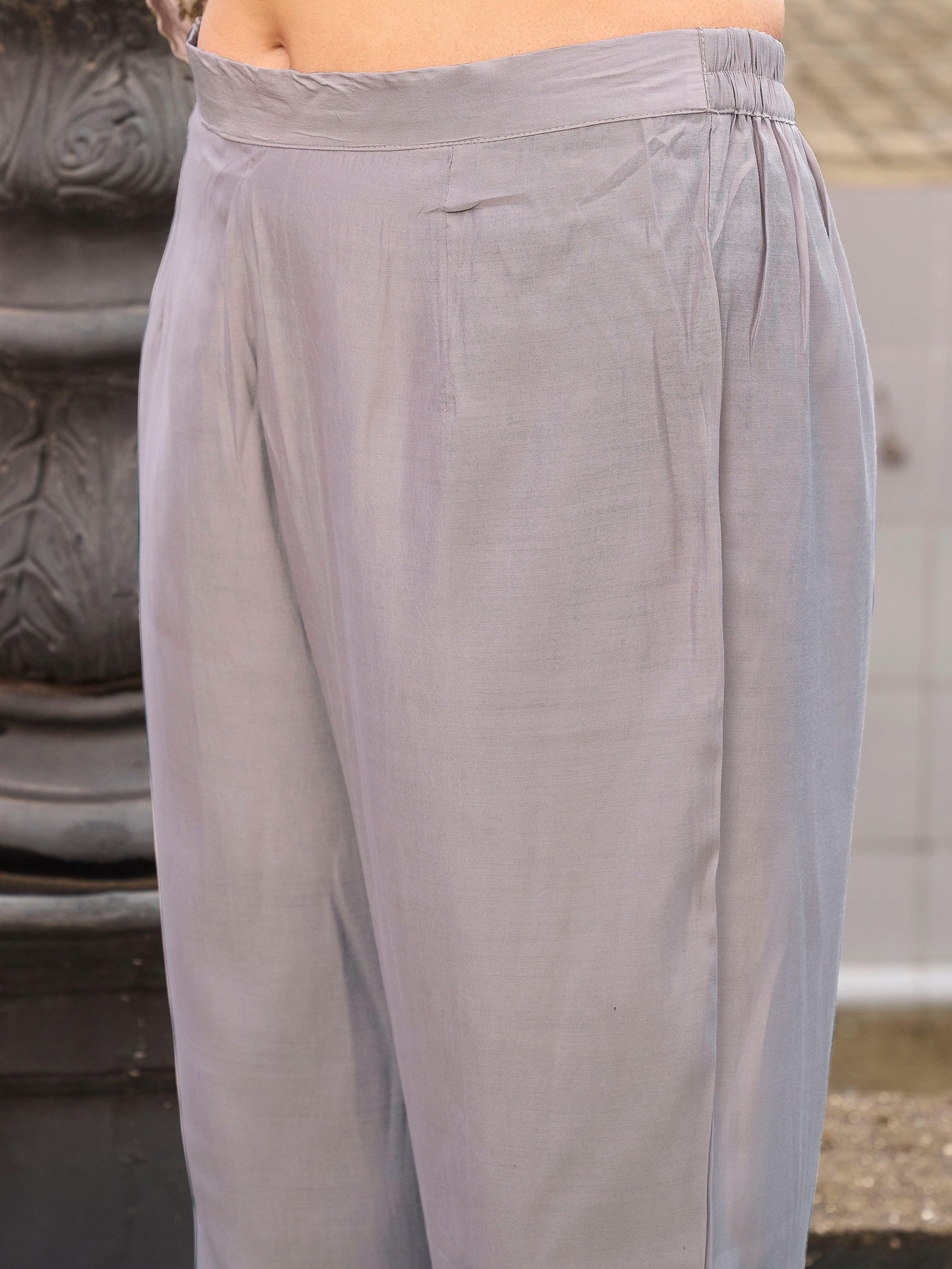 Grey color silk blend with colourful thread embroidered kurta & trouser with printed dupatta set