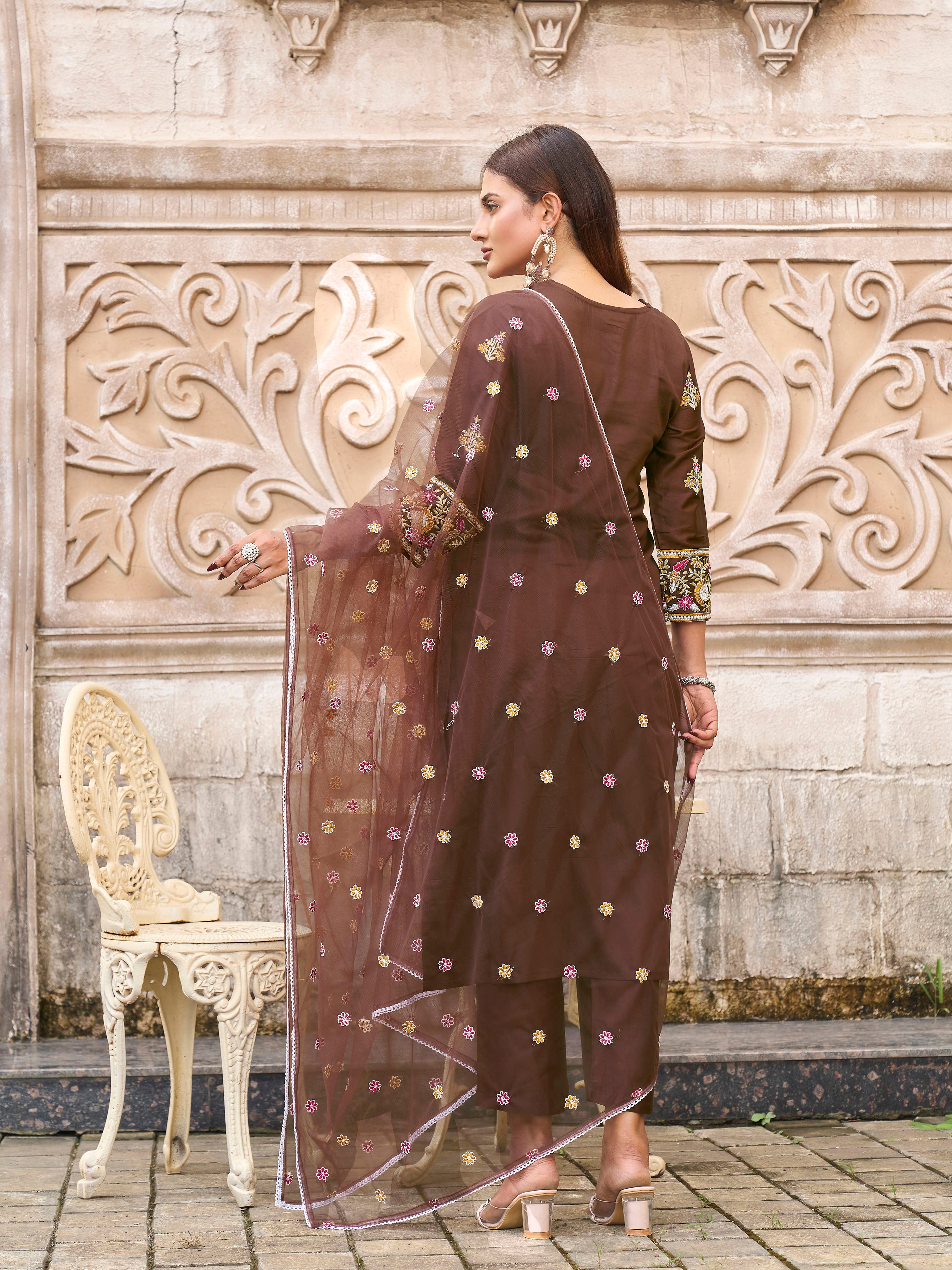 Brown color cotton with colourful thread embroidered kurta & trouser with dupatta set