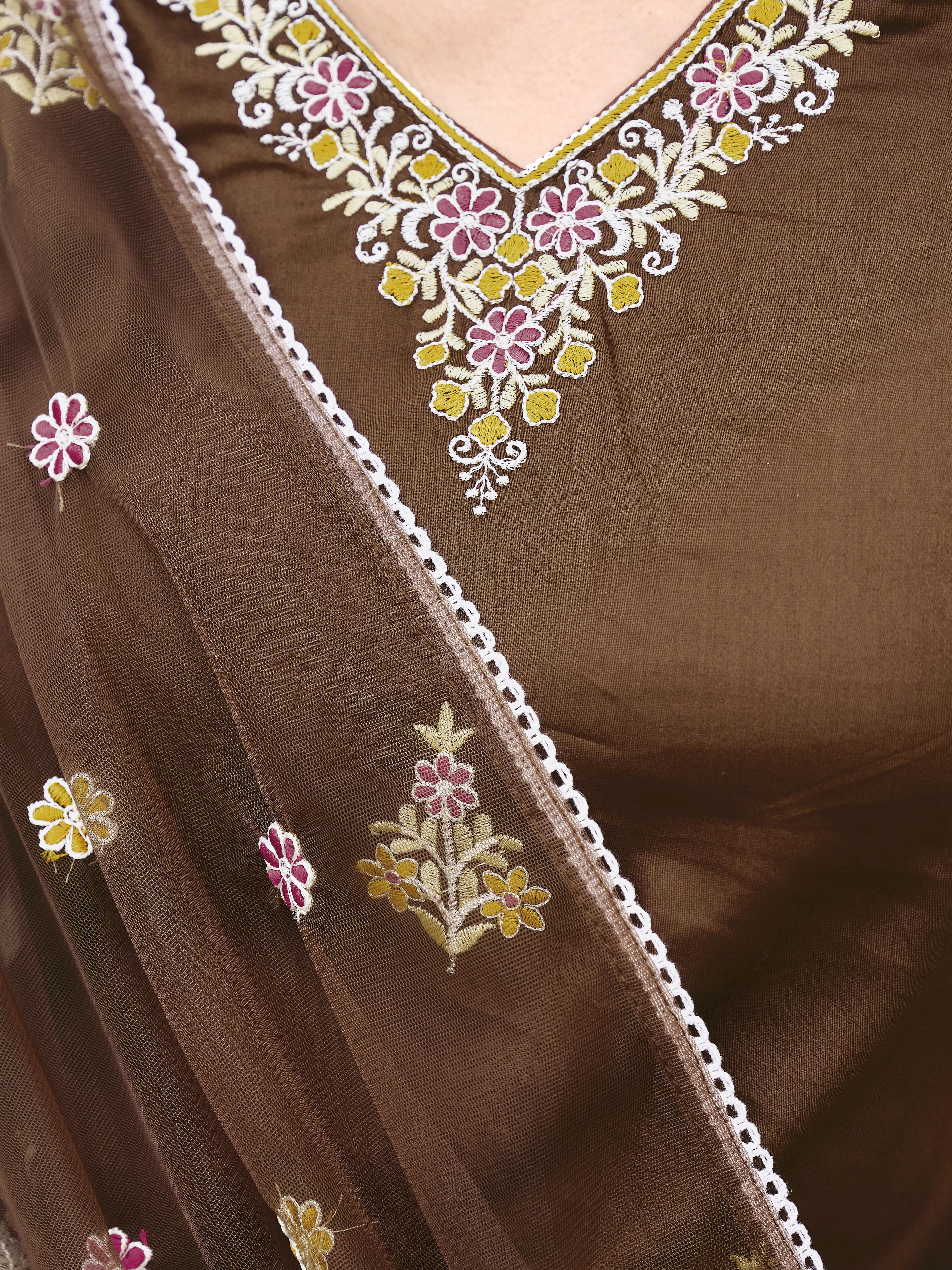 Brown color cotton with colourful thread embroidered kurta & trouser with dupatta set