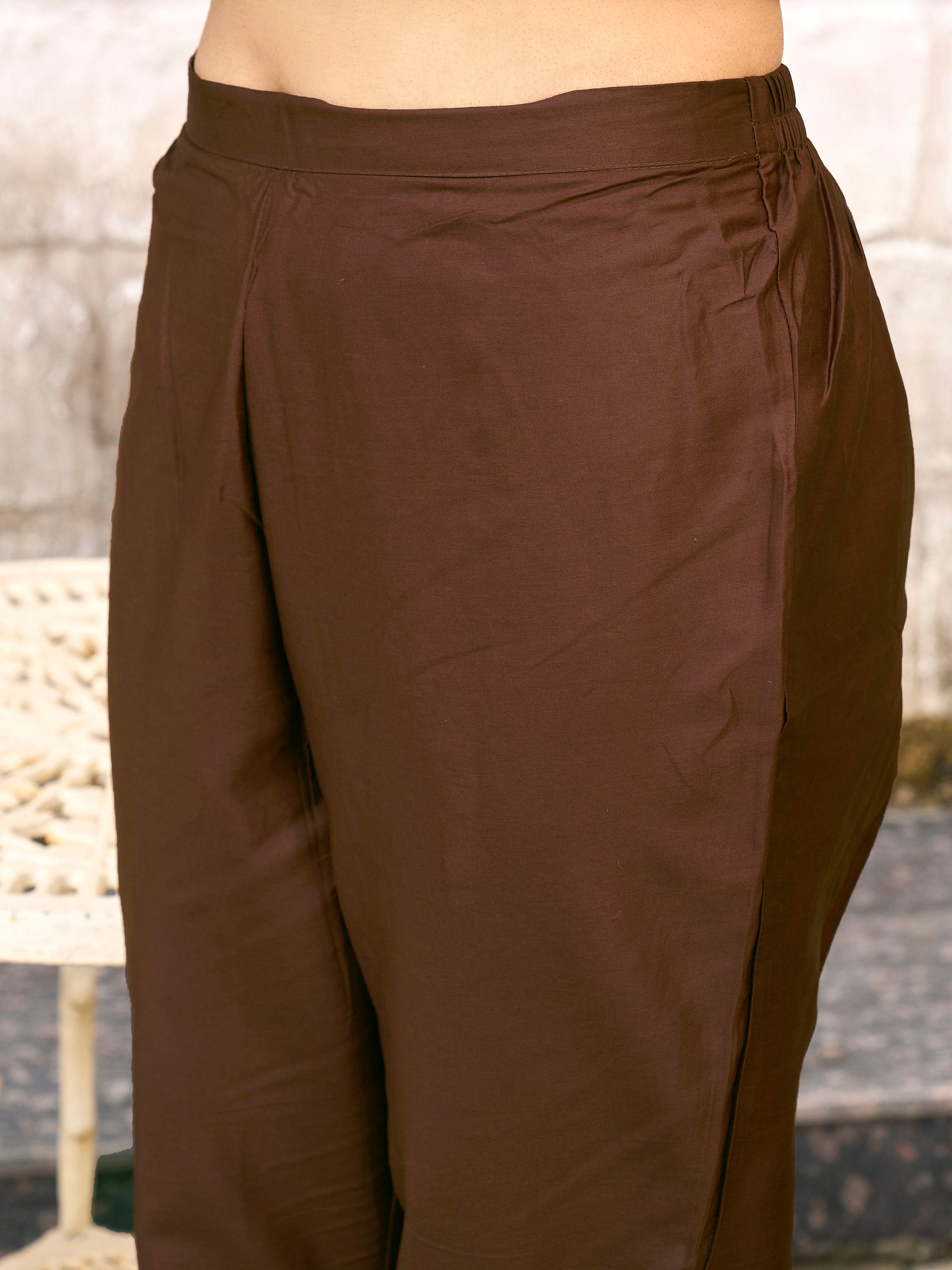 Brown color cotton with colourful thread embroidered kurta & trouser with dupatta set