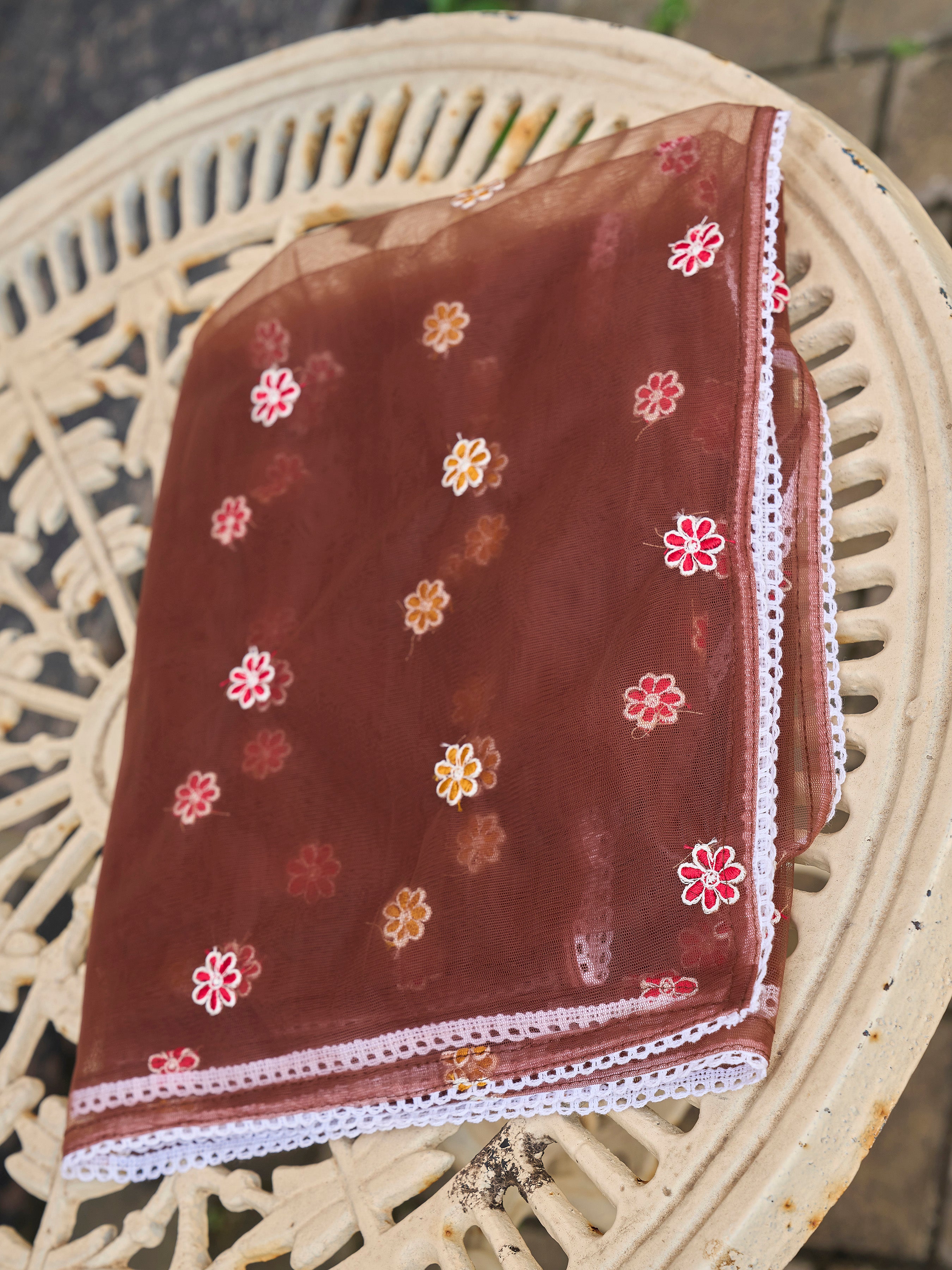 Brown color cotton with colourful thread embroidered kurta & trouser with dupatta set