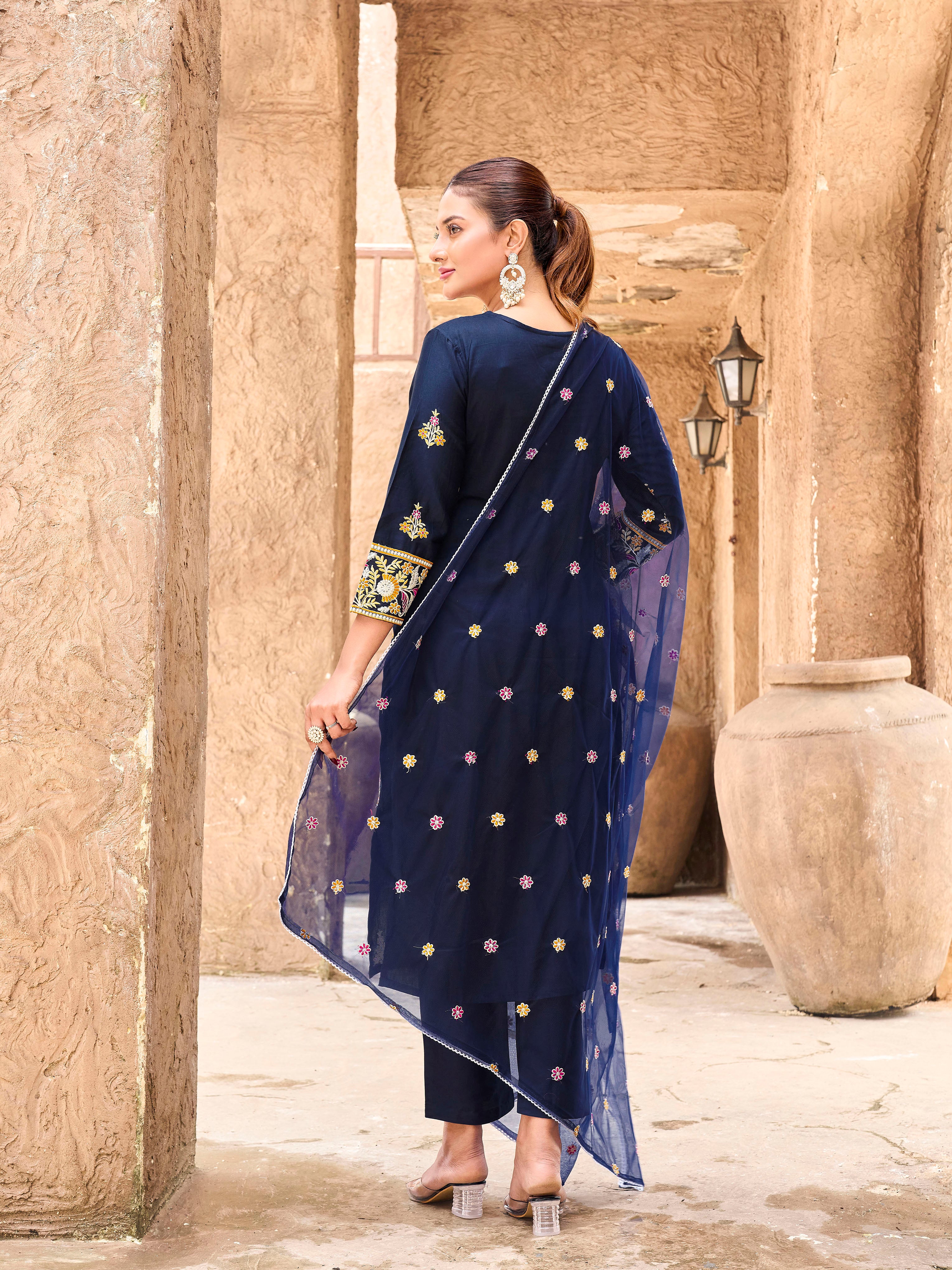 Navy blue cotton with colourful thread embroidered kurta & trouser with dupatta set