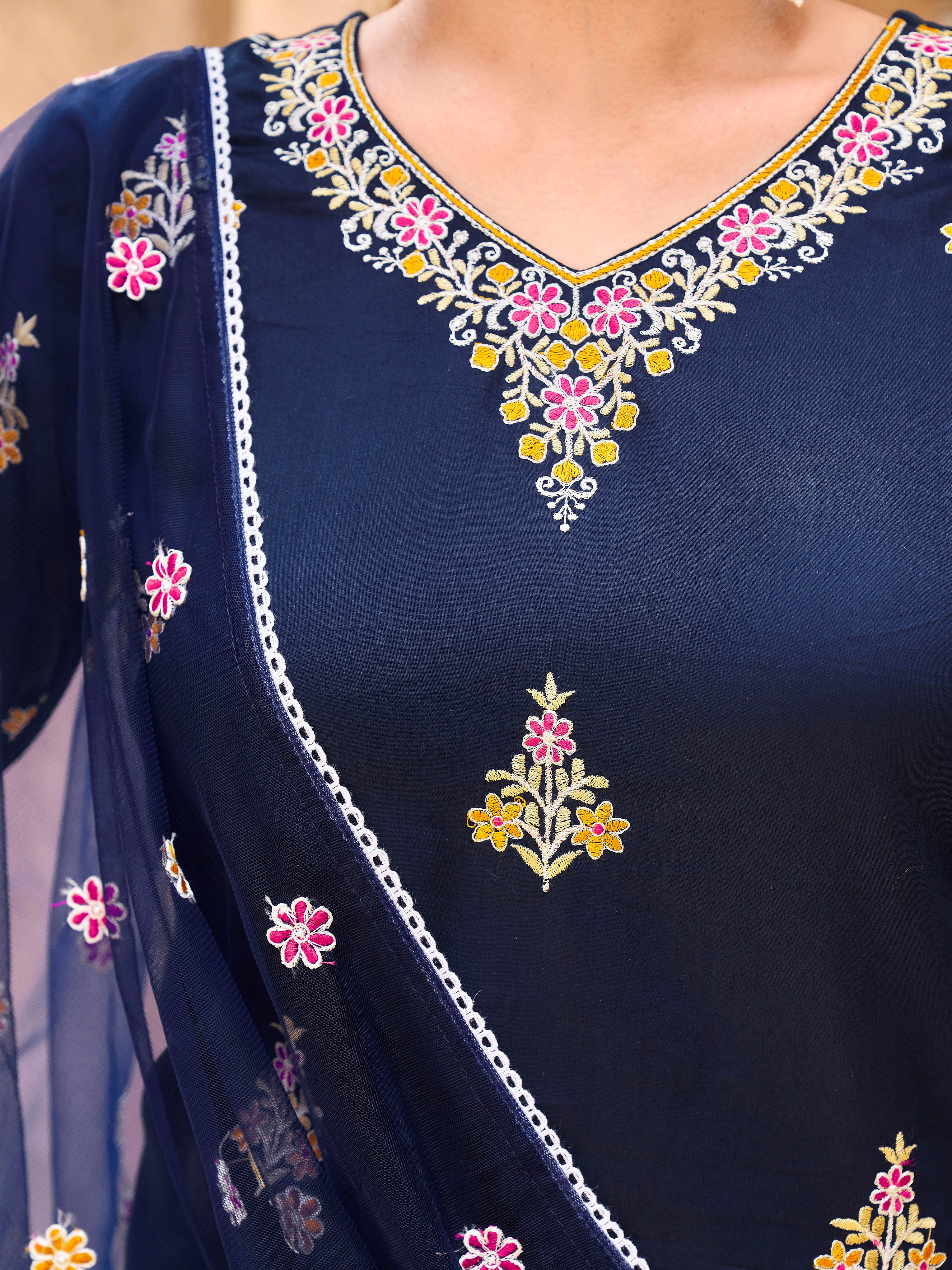 Navy blue cotton with colourful thread embroidered kurta & trouser with dupatta set