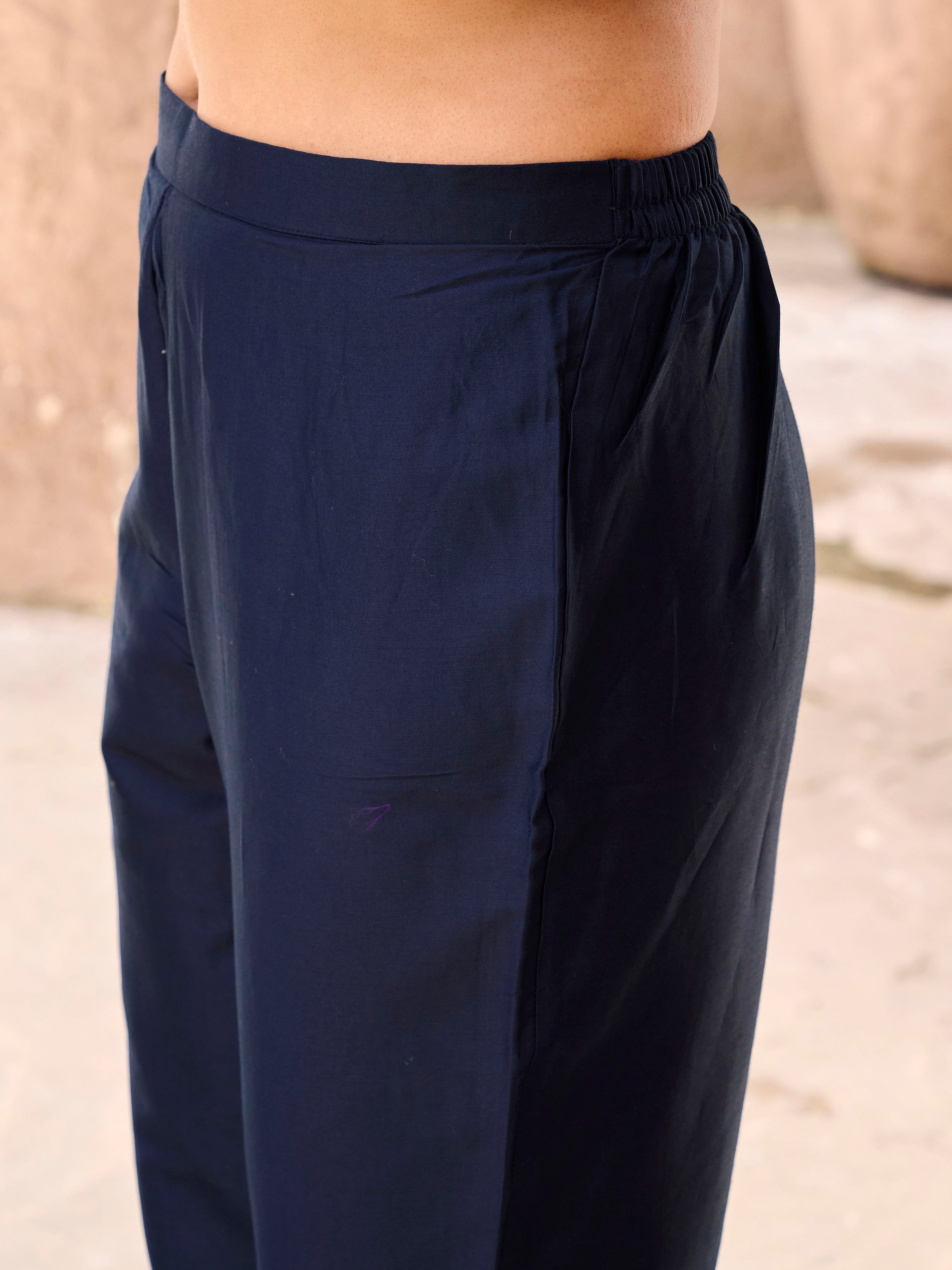 Navy blue cotton with colourful thread embroidered kurta & trouser with dupatta set