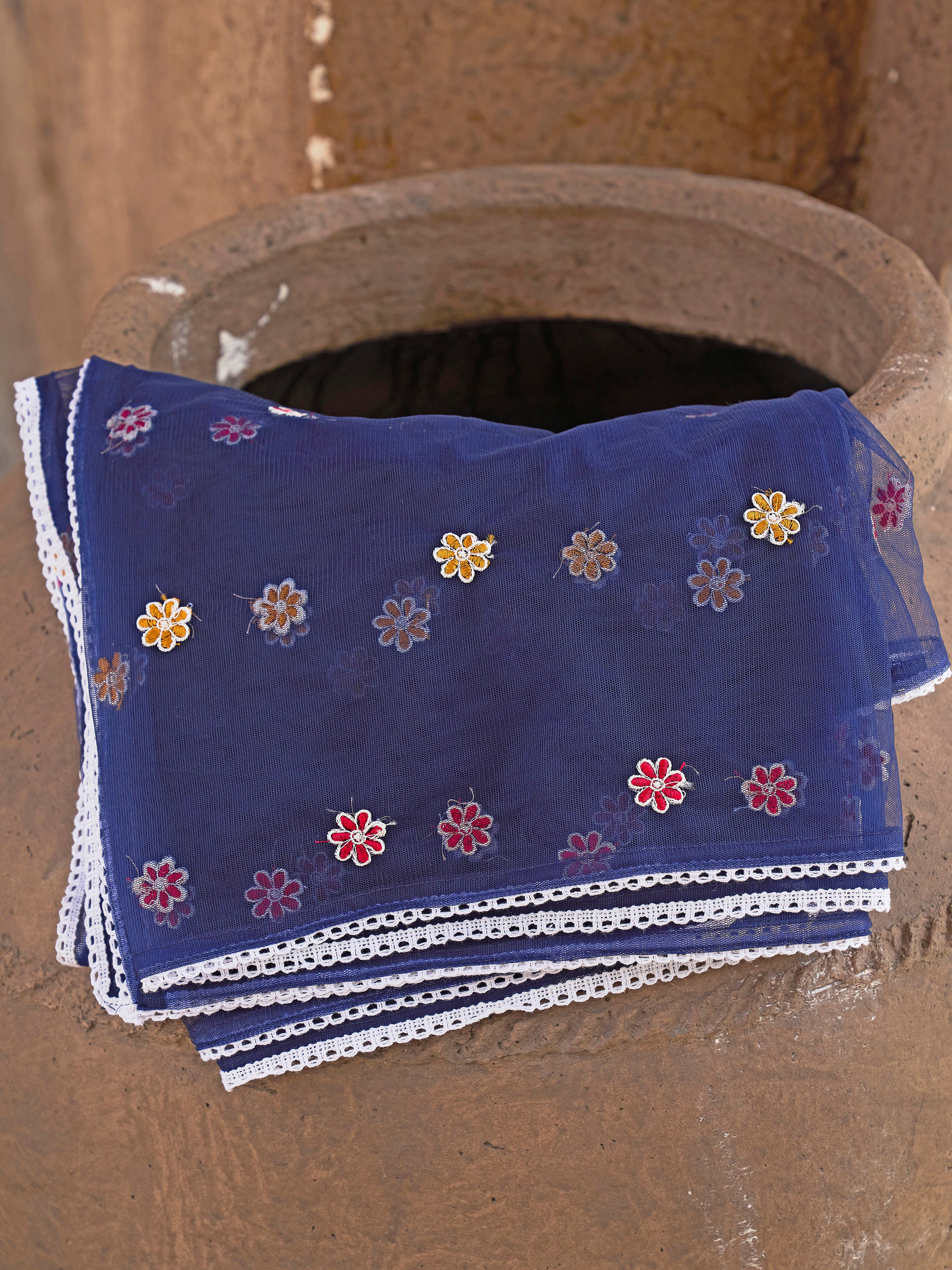 Navy blue cotton with colourful thread embroidered kurta & trouser with dupatta set