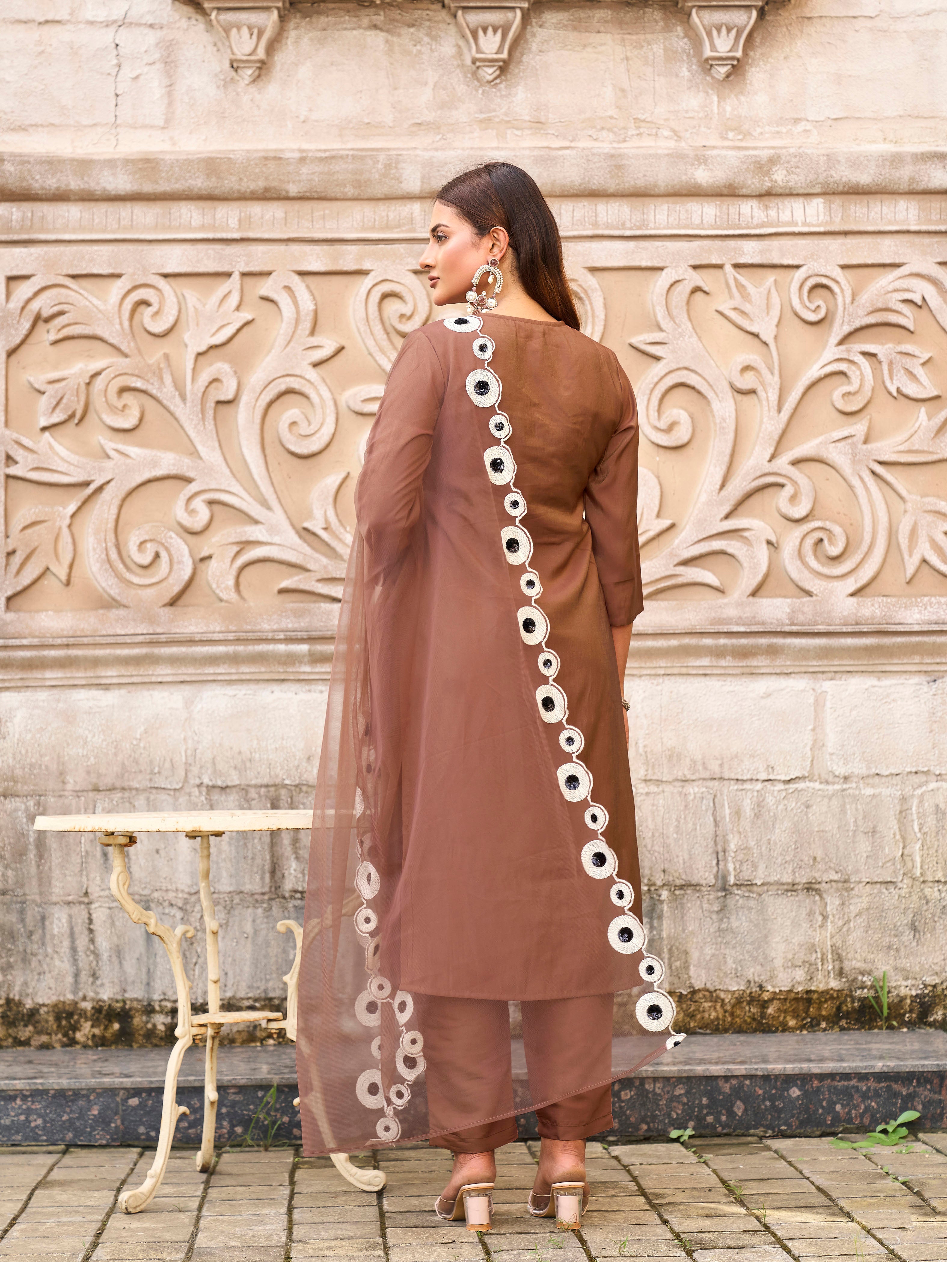 Brown color silk blend thread & sequence work on neck A-line kurta & trouser with dupatta set