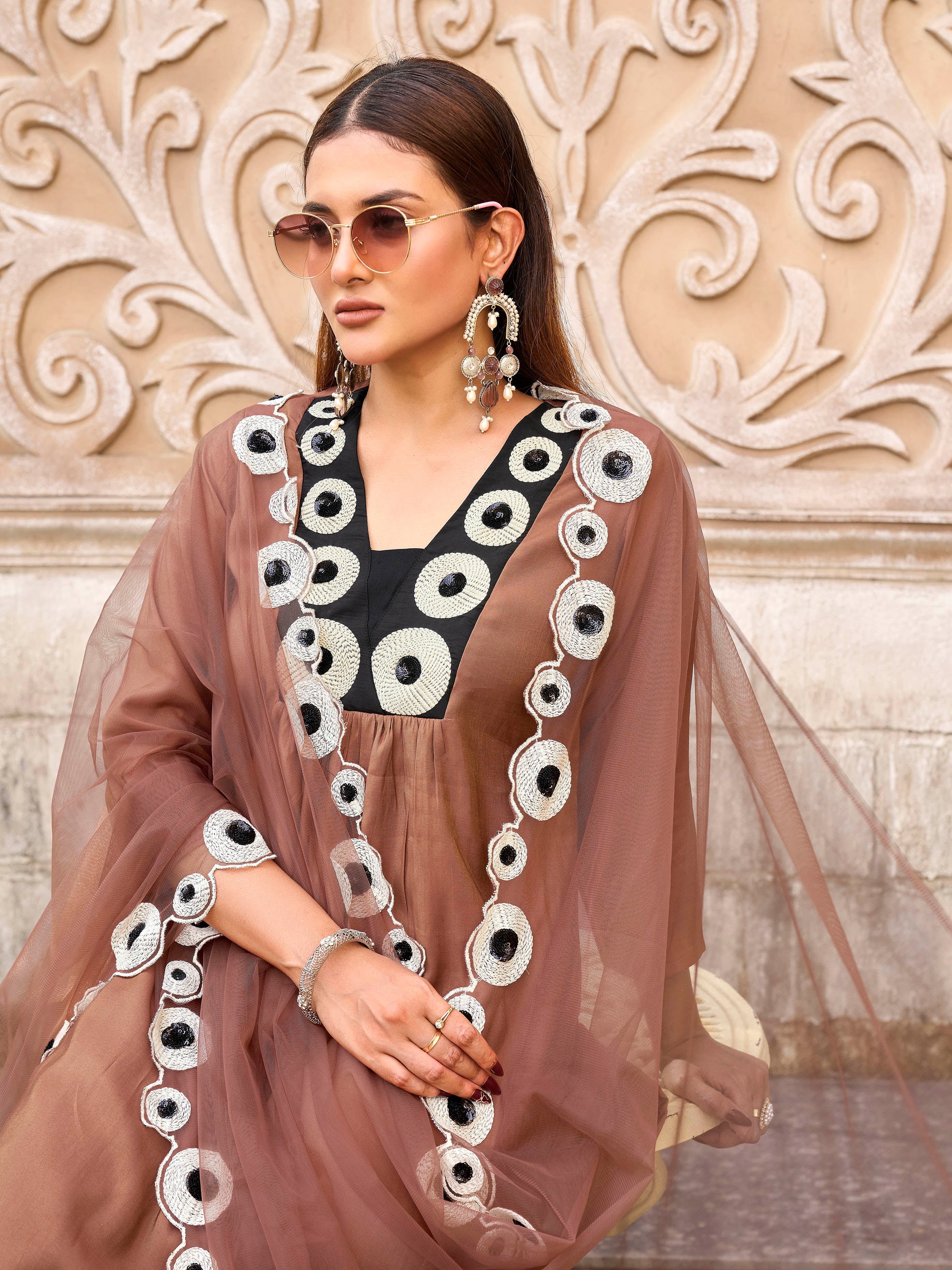 Brown color silk blend thread & sequence work on neck A-line kurta & trouser with dupatta set