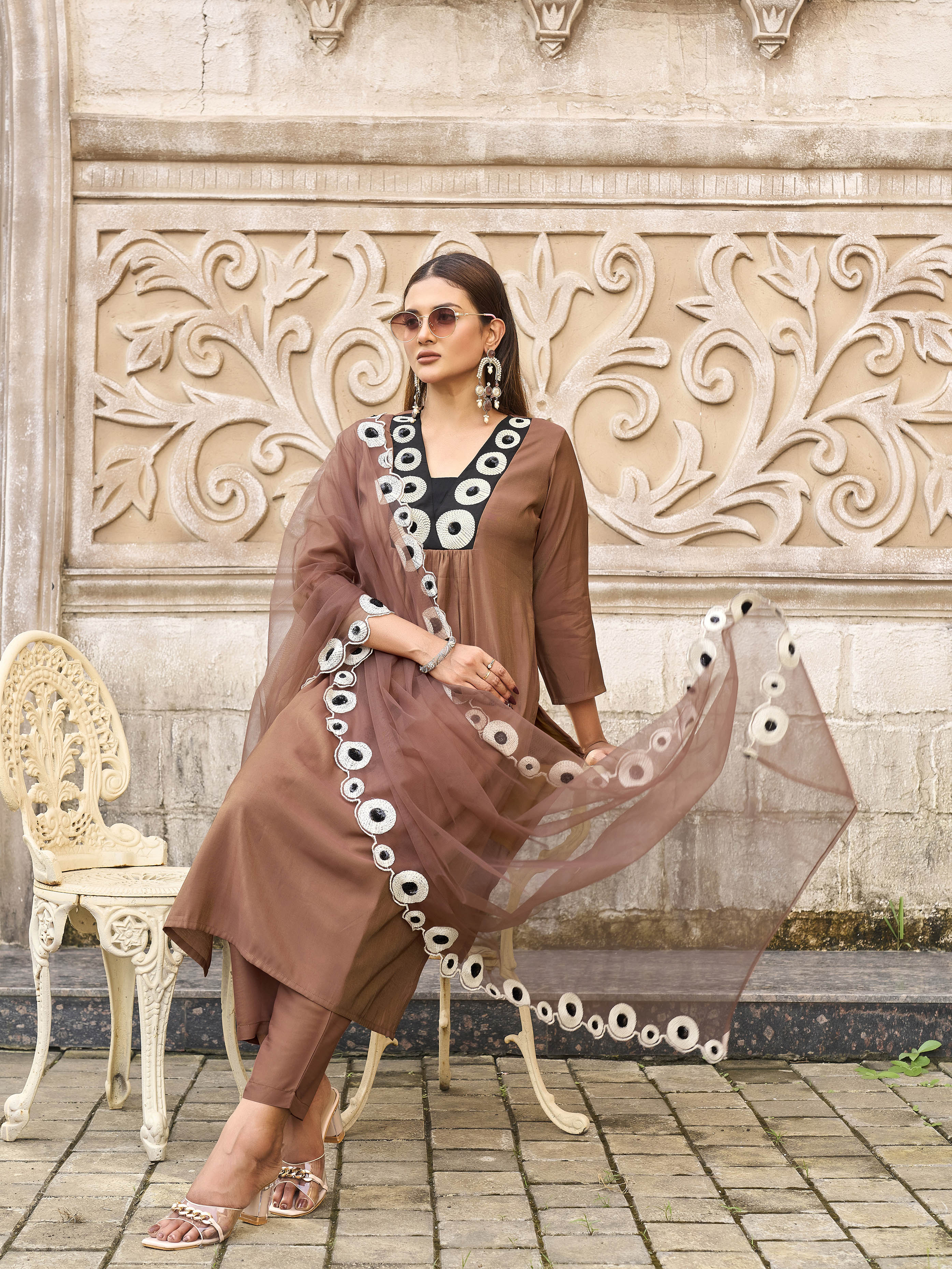 Brown color silk blend thread & sequence work on neck A-line kurta & trouser with dupatta set