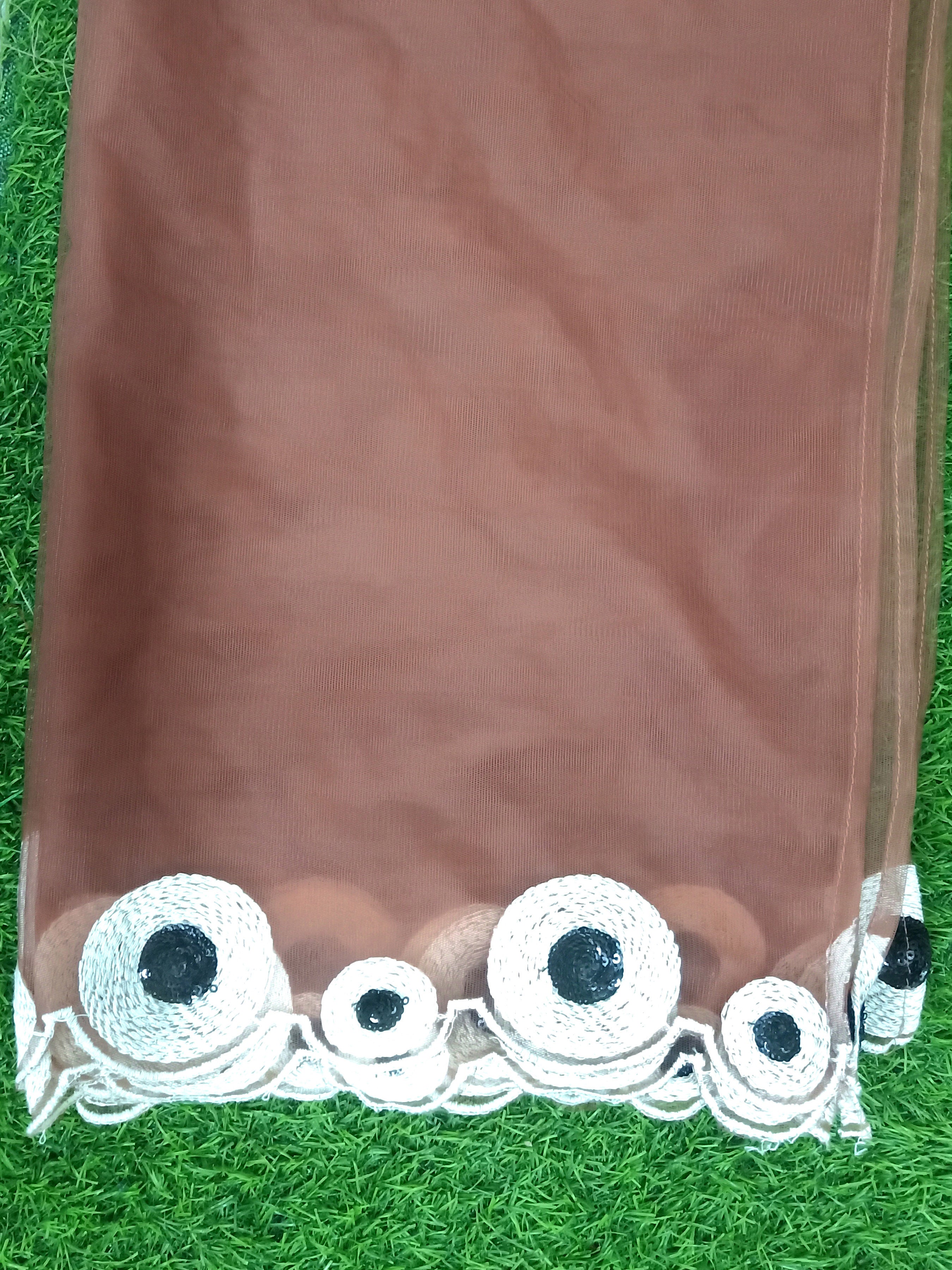 Brown color silk blend thread & sequence work on neck A-line kurta & trouser with dupatta set